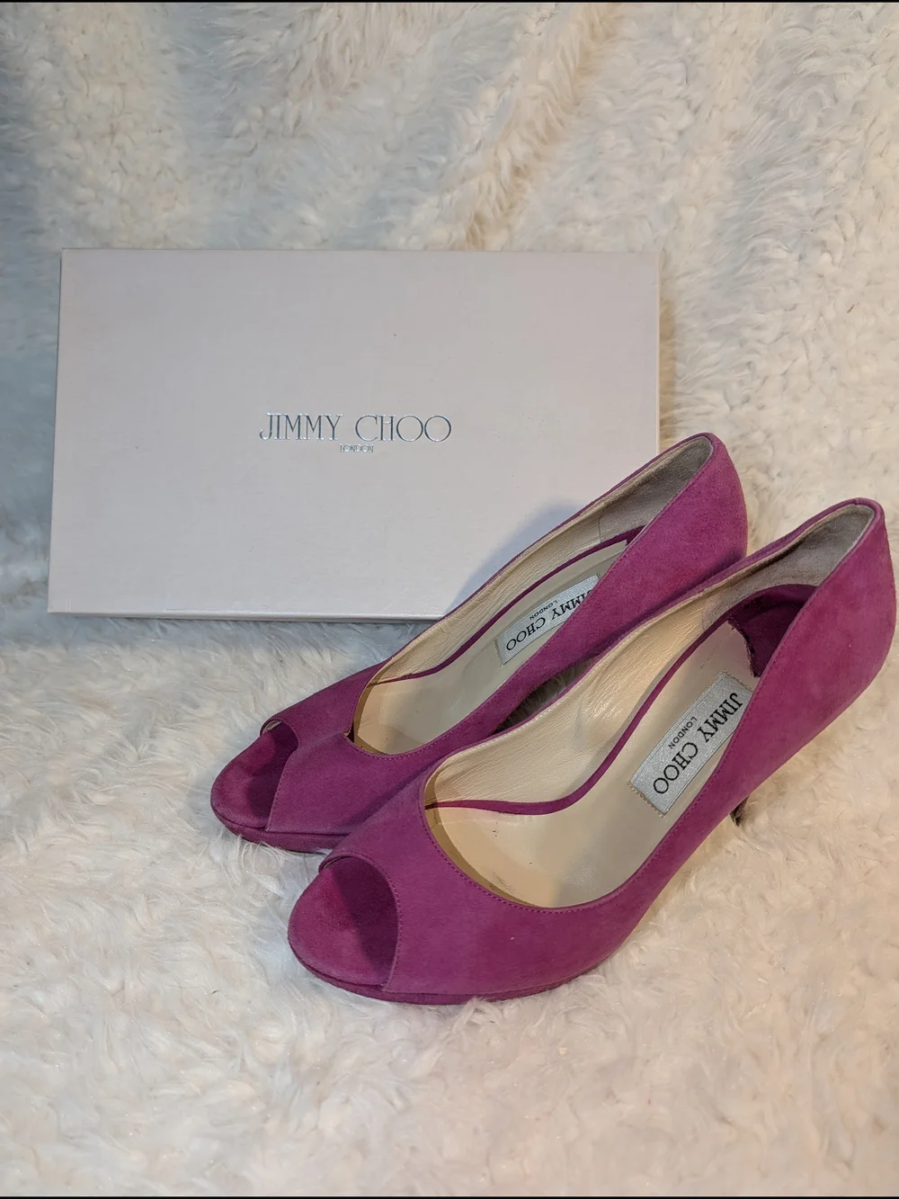 Jimmy Choo Fuchsia Suede Peep-Toe Pumps